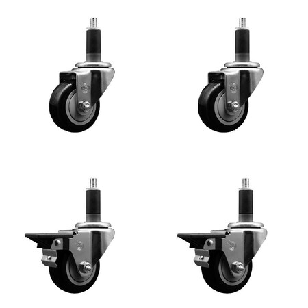 Service Caster 3'' Black Poly Wheel Swivel 1-1/8'' Expanding Stem Caster Set 2 Brakes, 4PK SCC-EX20S314-PPUB-BLK-2-PLB-2-118